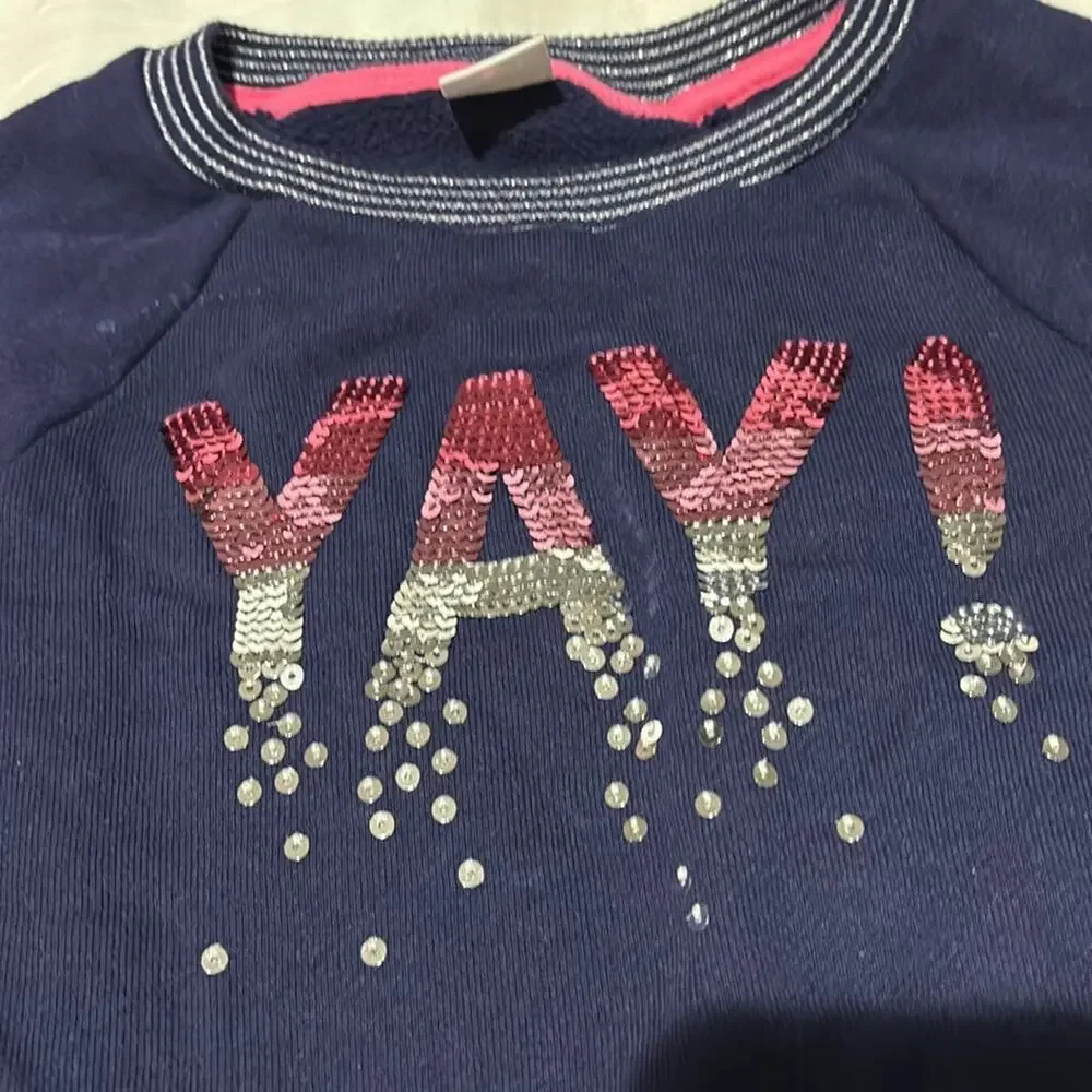 Gymboree S 5/6 navy blue long sleeve yay sequined hi low hem French terry euc